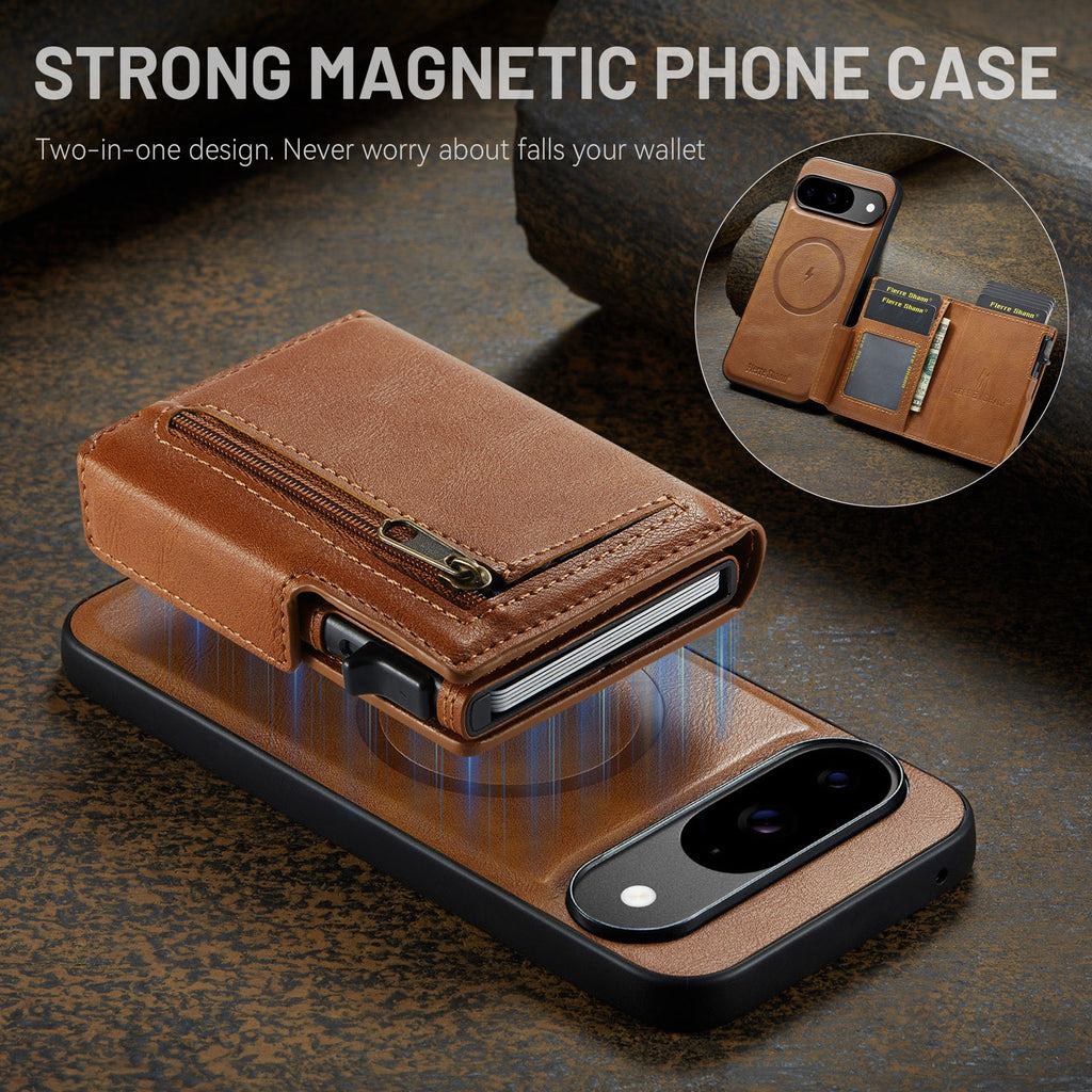 PU Leather Magnetic Pop-Up Card Wallet with Zipper Coin Pocket for Google Pixel