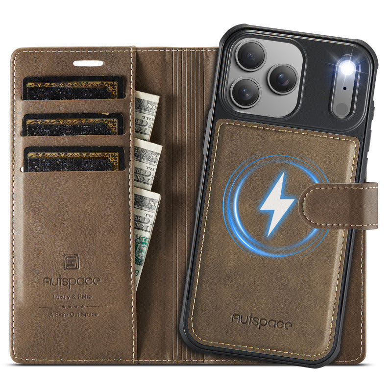 2-in-1 MagSafe-Compatible PU Leather Flip Case with Card Holder Stand for iPhone 12-17 series