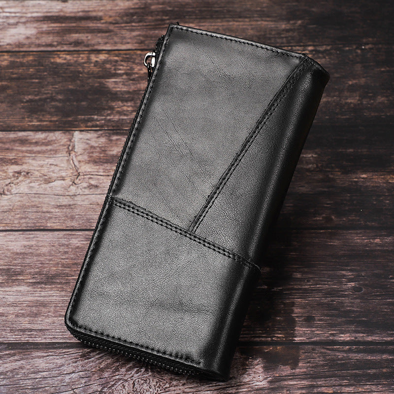 Men’s Top-Grain Cowhide Leather Long Clutch Wallet with Clasp Closure
