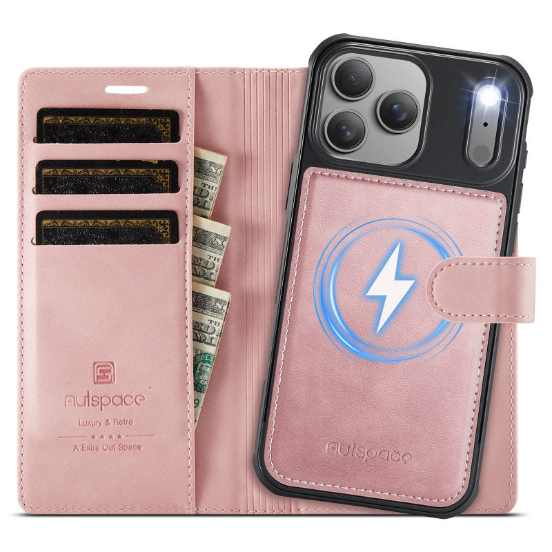 2-in-1 MagSafe-Compatible PU Leather Flip Case with Card Holder Stand for iPhone 12-17 series