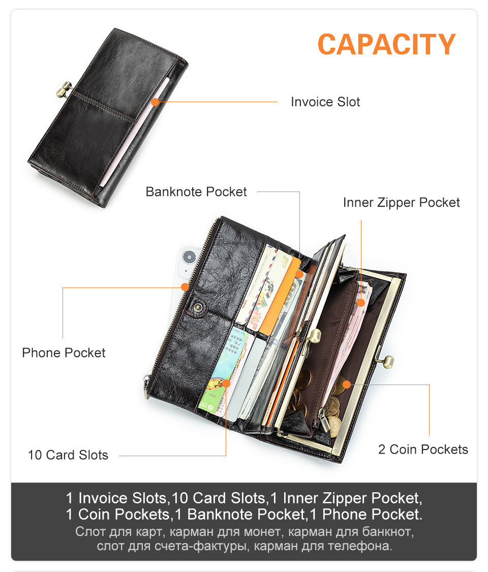 Top-Grain Cowhide Leather RFID-Blocking Long Wallet for Women with Metal Clasp