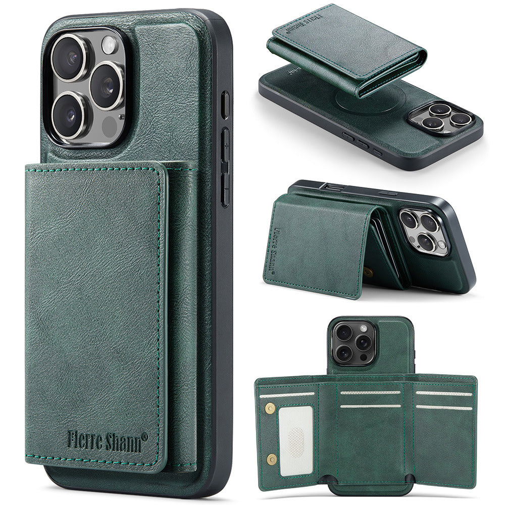 2-in-1 PU Leather MagSafe Case with Tri-Fold Wallet Stand for iPhone 11–17 Series