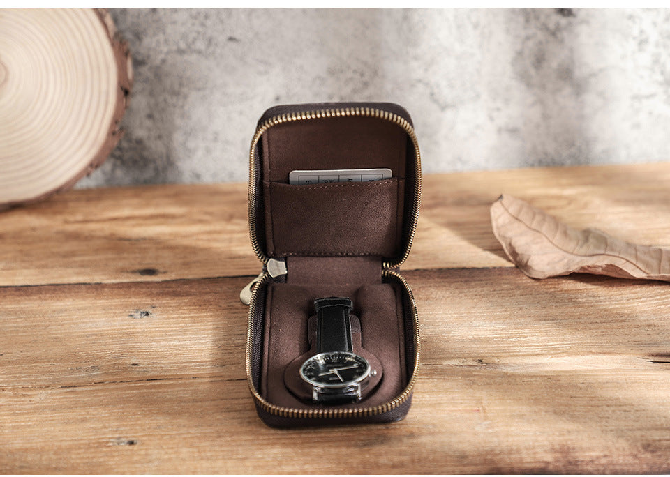Vintage Crazy Horse Leather Zipper Travel Case for One Watch
