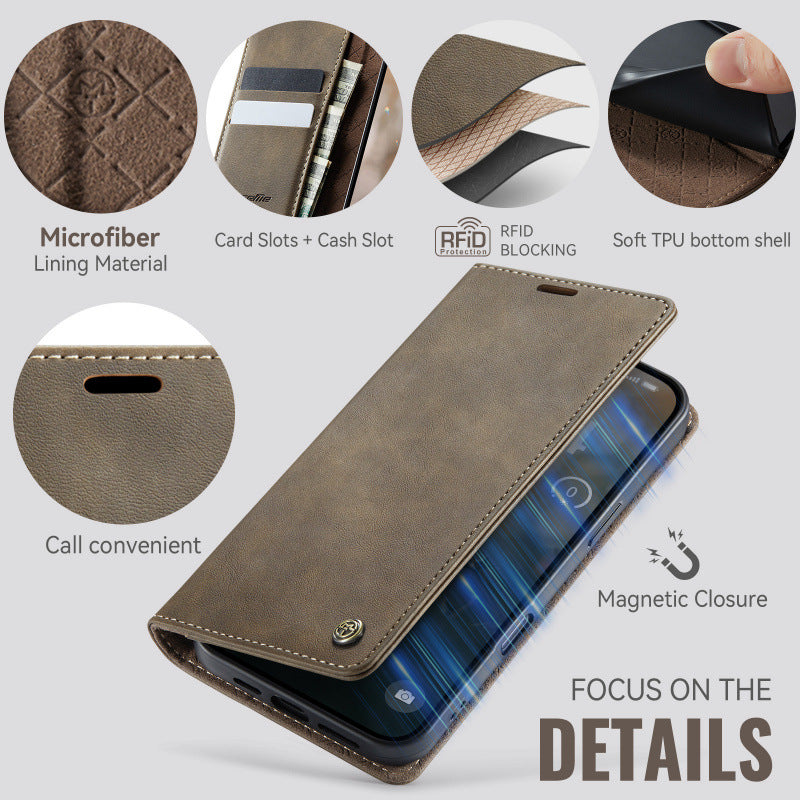 PU Leather Flip Wallet Case with Card Holder for iPhone 12–17 Series