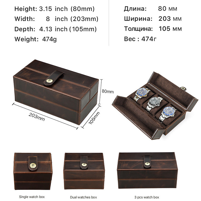 Vintage Crazy Horse Leather Travel Watch Square Case with Magnetic Clasp for Three Watches