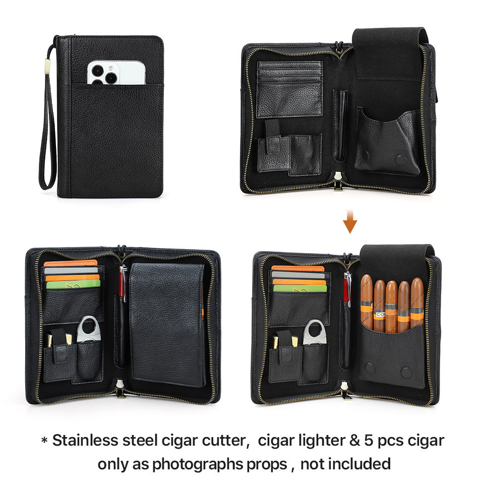 Genuine Leather Zipper Travel Cigar Case with Wrist Strap – Holds 5 Cigars