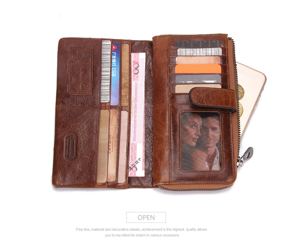 Men’s Top-Grain Cowhide Leather Long Clutch Wallet with Clasp Closure