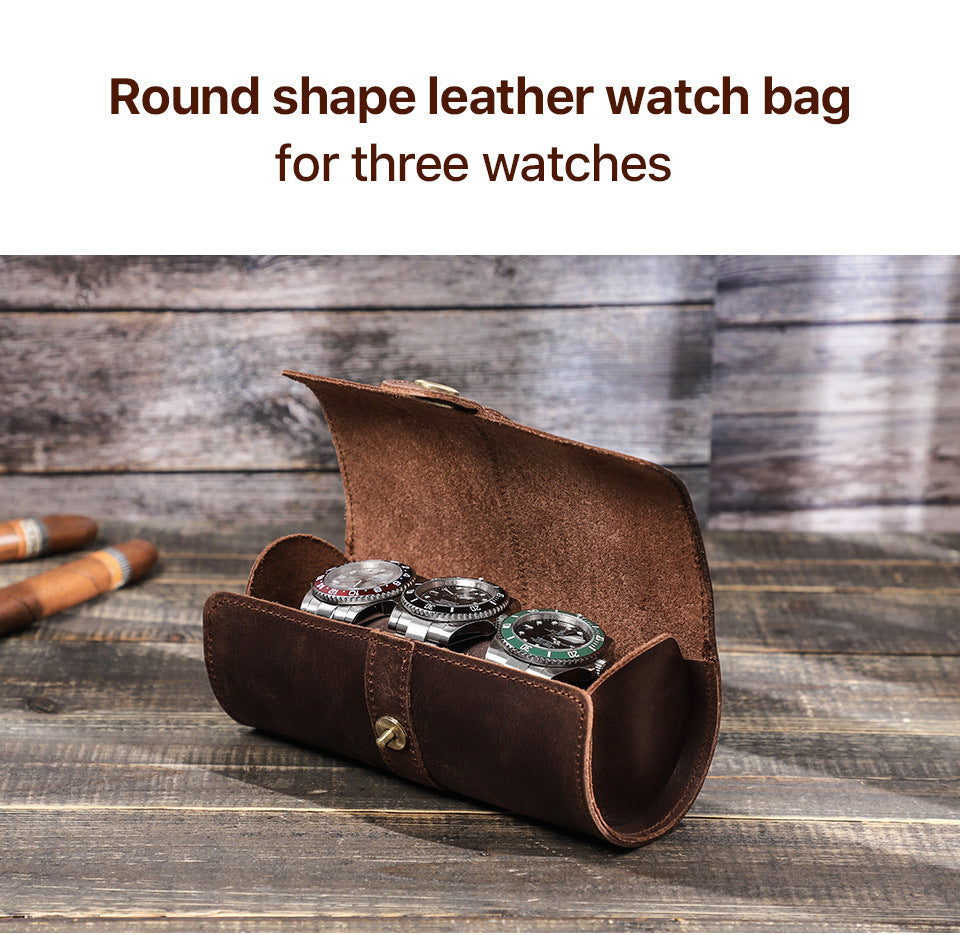 Vintage Crazy Horse Leather Watch Case with Round Clasp for Three Watches
