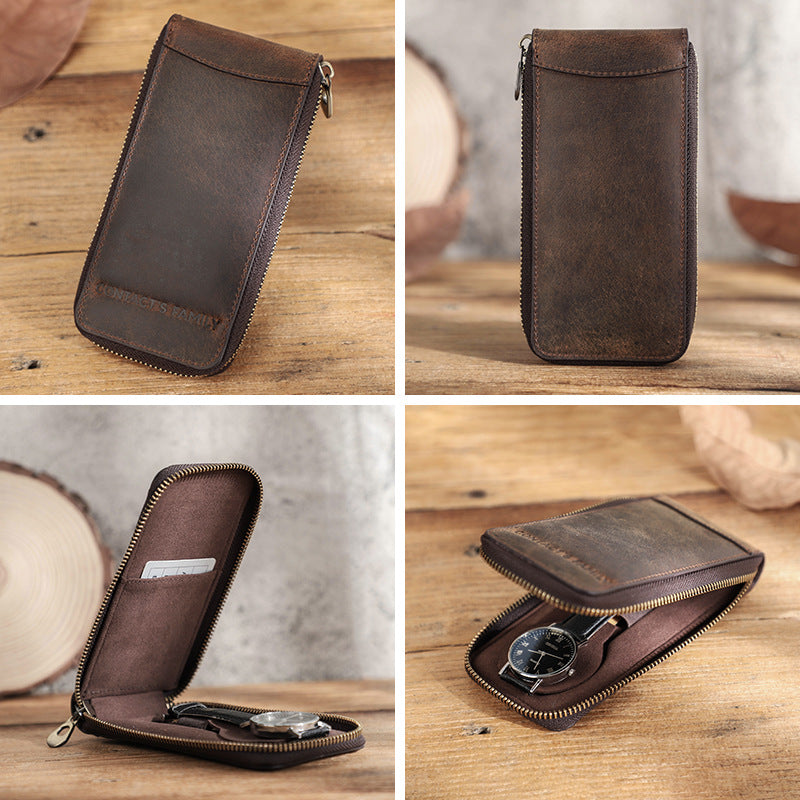 Vintage Crazy Horse Leather Zipper Travel Case for One Watch