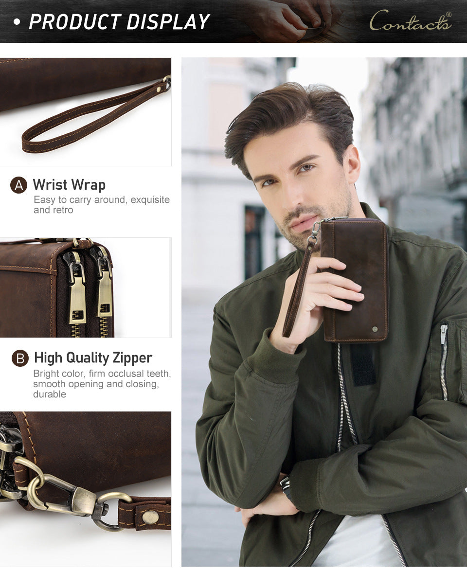 Men’s Vintage Crazy Horse Cowhide Double-Zip Clutch Wallet with Wrist Strap