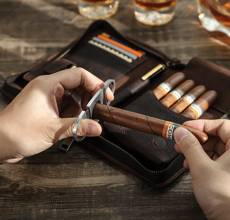 Genuine Leather Zipper Travel Cigar Case with Wrist Strap – Holds 5 Cigars