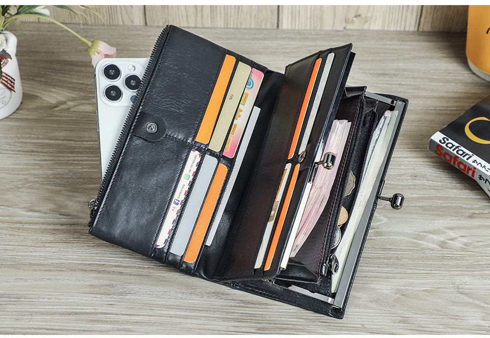 Top-Grain Cowhide Leather RFID-Blocking Long Wallet for Women with Metal Clasp