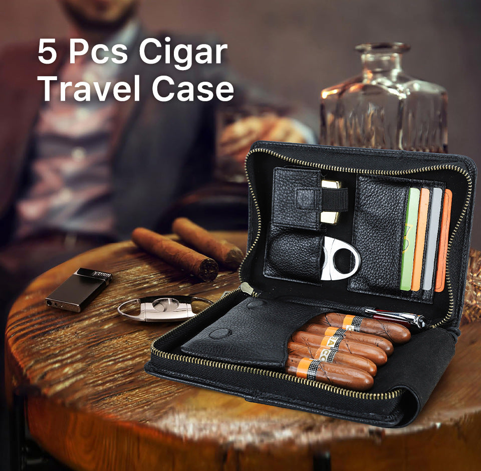 Genuine Leather Zipper Travel Cigar Case with Wrist Strap – Holds 5 Cigars