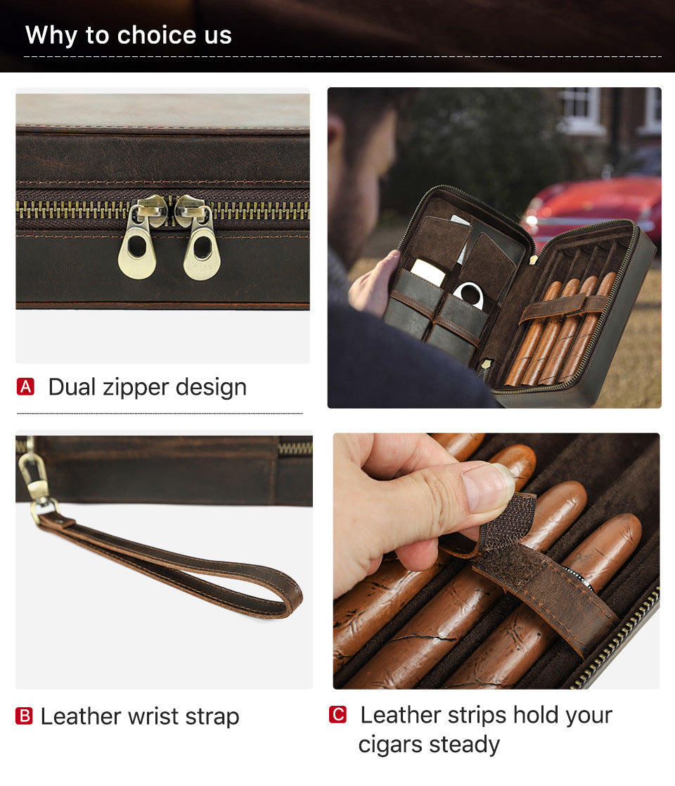 Vintage Crazy Horse Leather Zipper Travel Cigar Case with Wrist Strap – Holds 4 Cigars