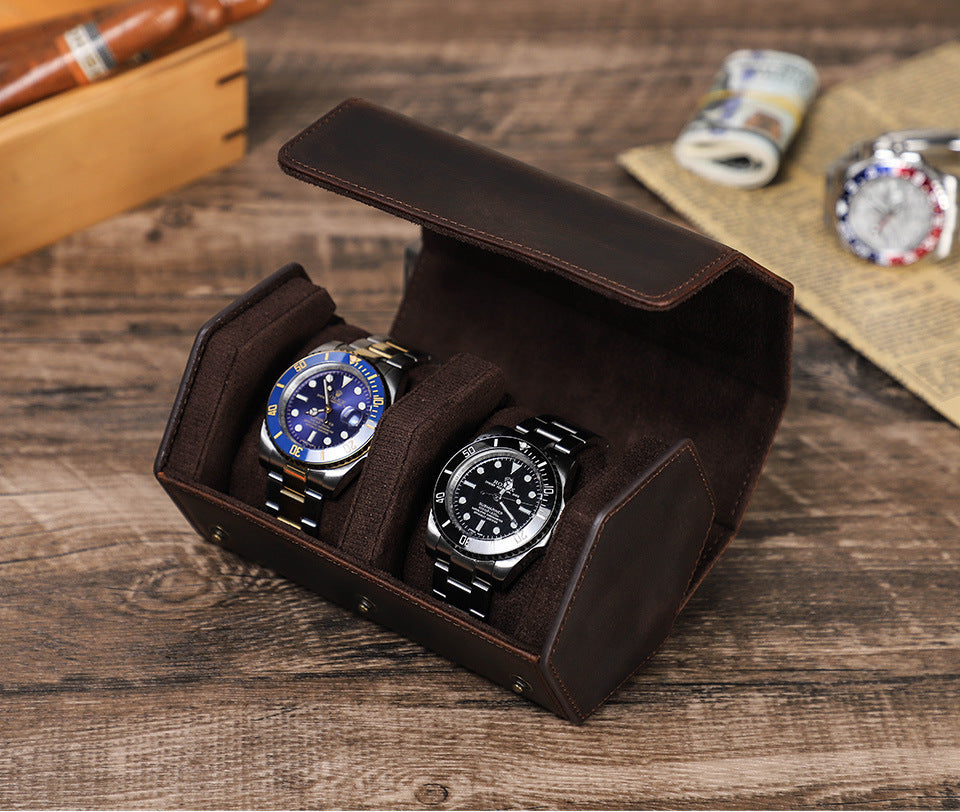 Vintage Hexagon Crazy Horse Leather Watch Case for Two Watches