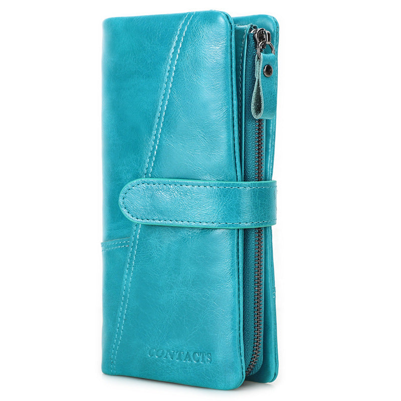 Men’s Cowhide Leather Tri-Fold Clutch Wallet with Clasp Closure