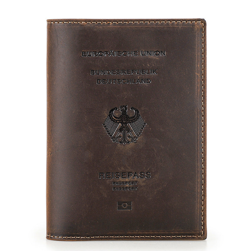 Black Vintage Crazy Horse Leather RFID-Blocking Family Passport Wallet with AirTag Pocket