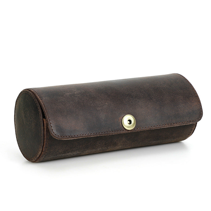 Handmade Vintage Crazy Horse Leather Cylindrical Case for Two Ties with Magnetic Clasp