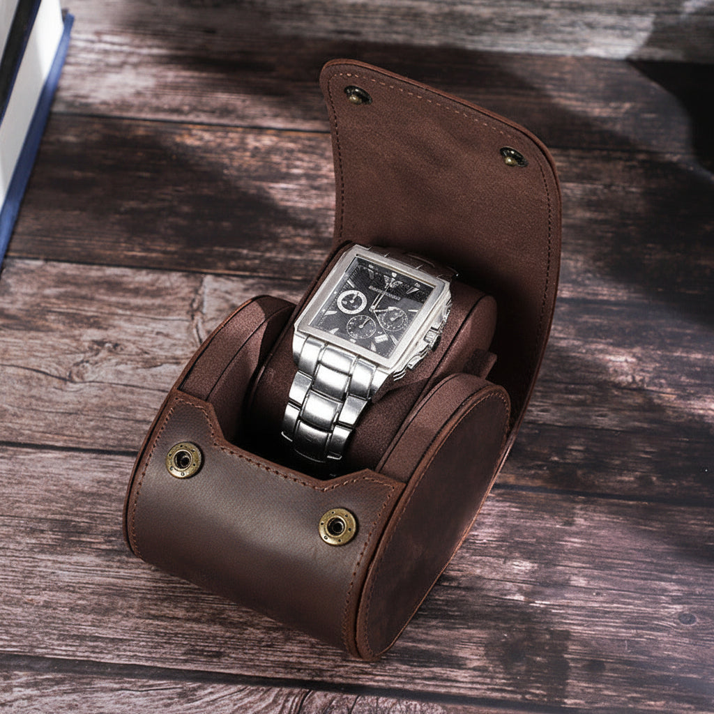 Retro Geniune Leather Luxury Watch Case with Snap Closure
