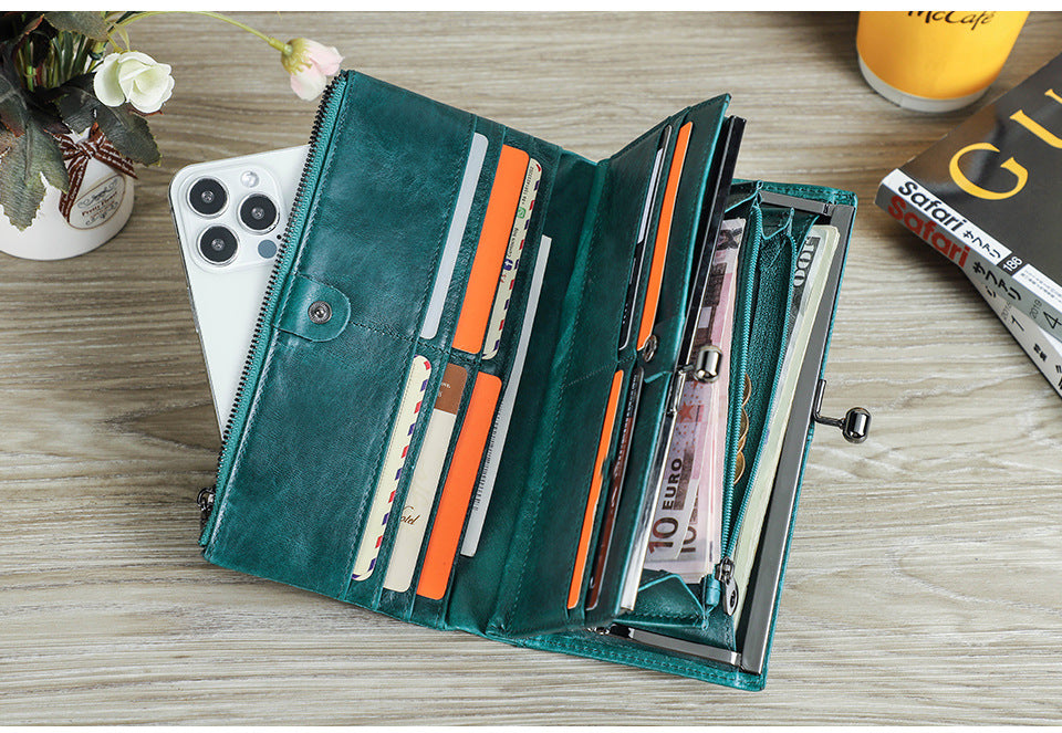 Top-Grain Cowhide Leather RFID-Blocking Long Wallet for Women with Metal Clasp