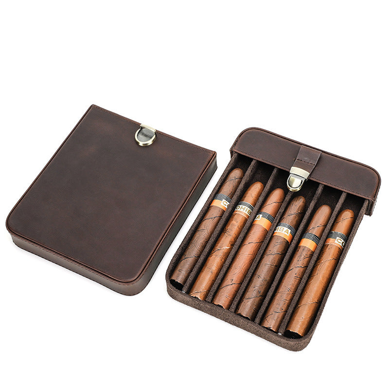 Handmade Crazy Horse Cowhide Drawer-Style Cigar Humidor with Lock – Holds 6 Cigars