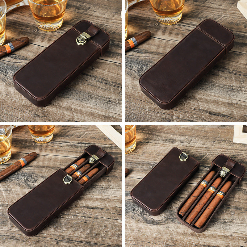 Handmade Cowhide Leather Drawer-Style Cigar Case with Lock – Holds 3 Cigars