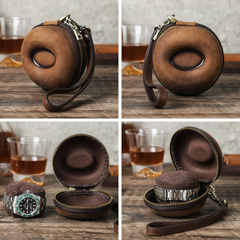 Vintage Leather Round Donut Watch Case for Single Watch Storage