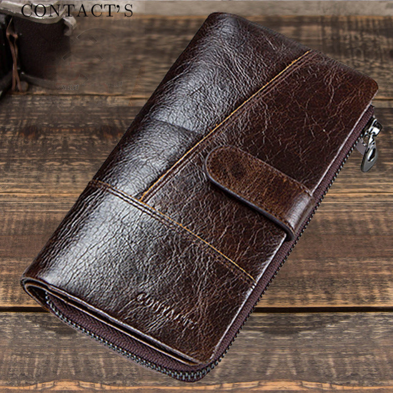 Men’s Top-Grain Cowhide Leather Long Clutch Wallet with Clasp Closure