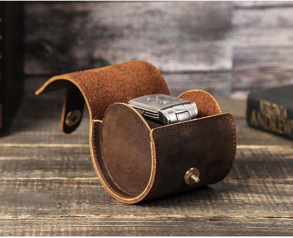 Vintage Crazy Horse Leather Cylindrical Case for One Watch