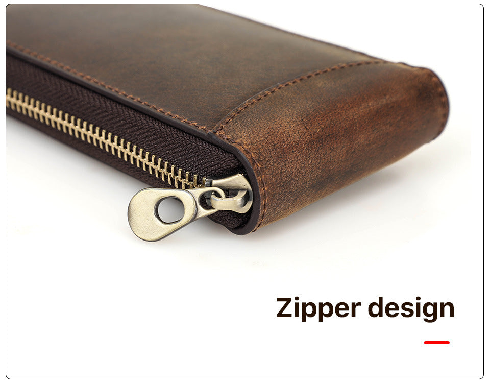 Vintage Crazy Horse Leather Zipper Travel Case for One Watch