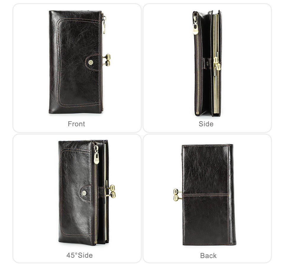 Top-Grain Cowhide Leather RFID-Blocking Long Wallet for Women with Metal Clasp
