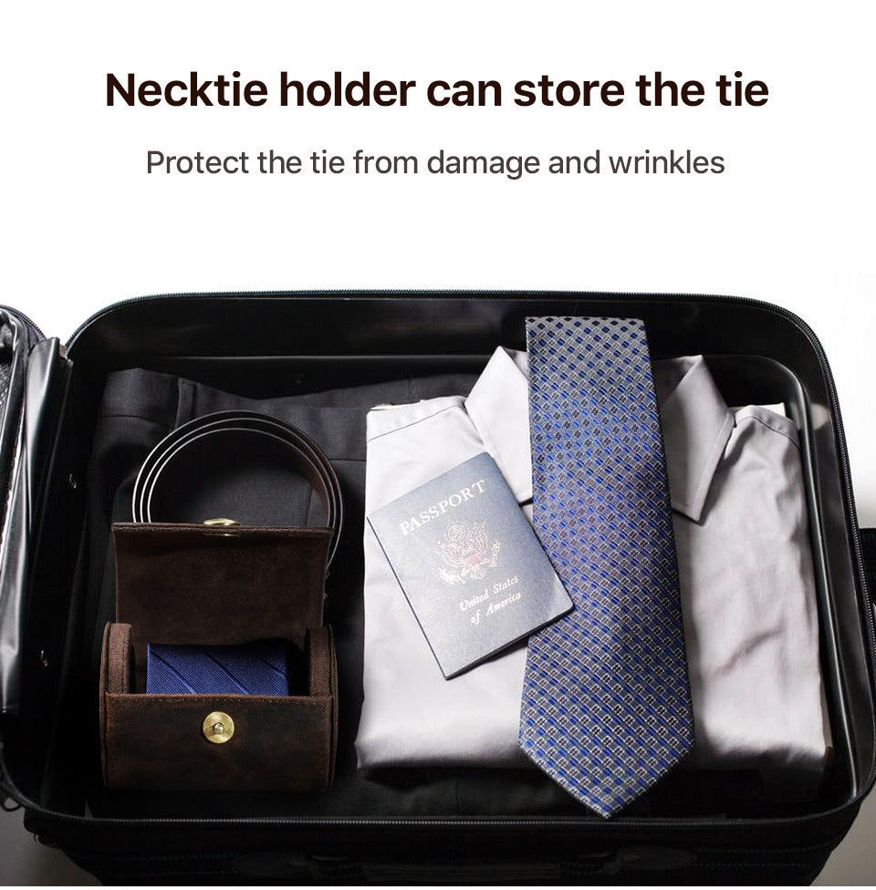 Handmade Genuine Leather Round Tie Travel Case with Magnetic Closure