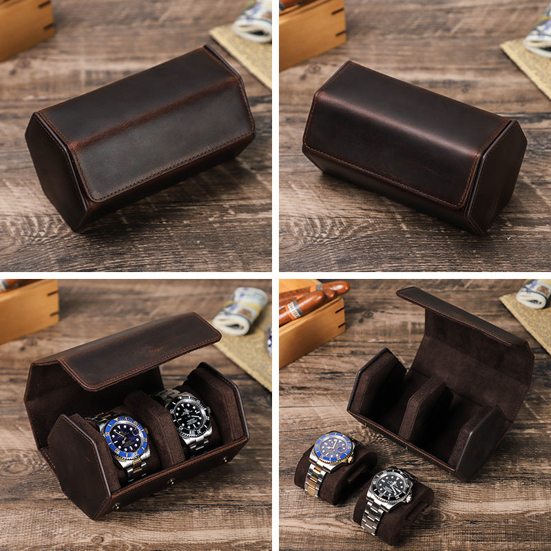 Vintage Hexagon Crazy Horse Leather Watch Case for Two Watches