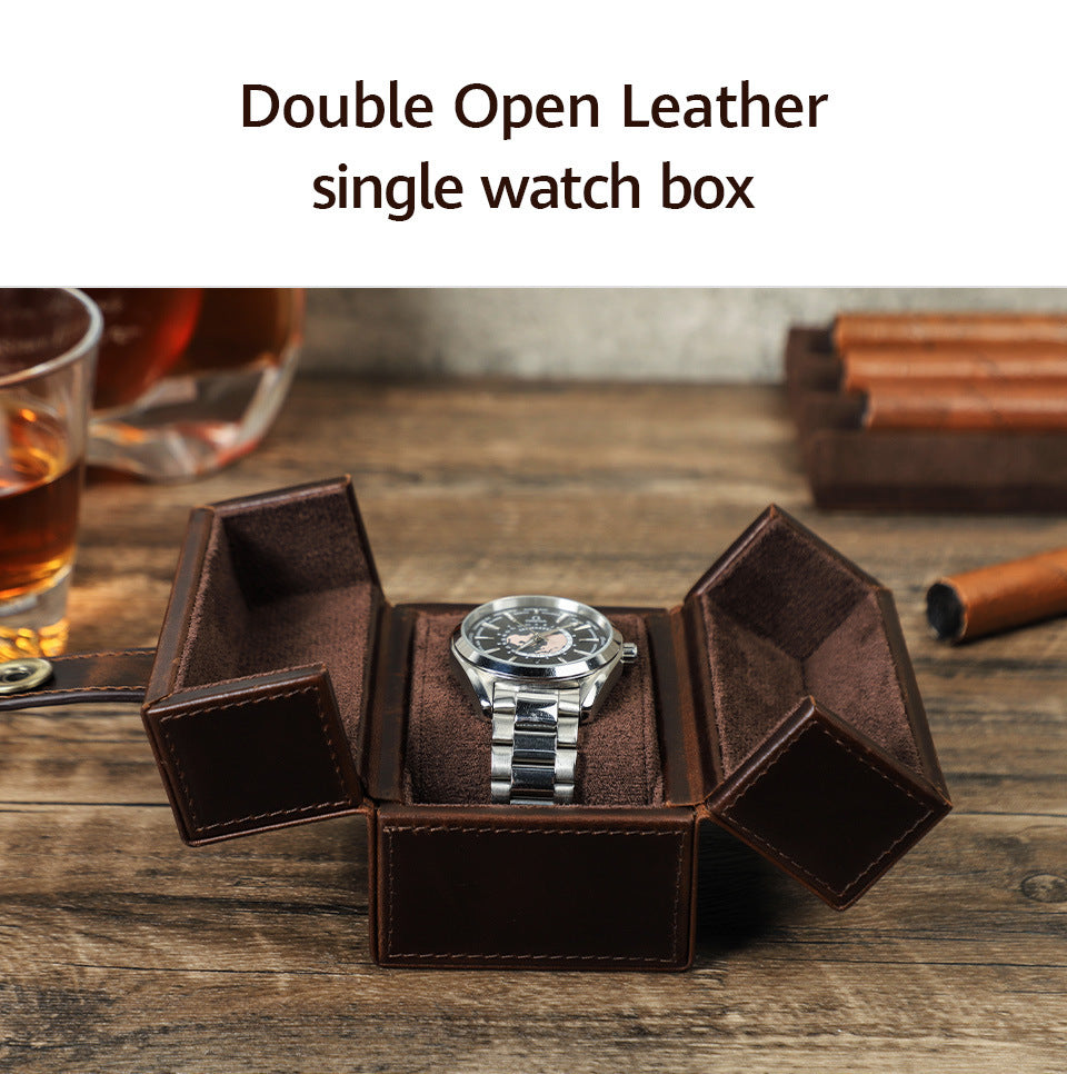 Retro Brown Crazy Horse Double Open Leather Watch Case with Magnetic Clasp