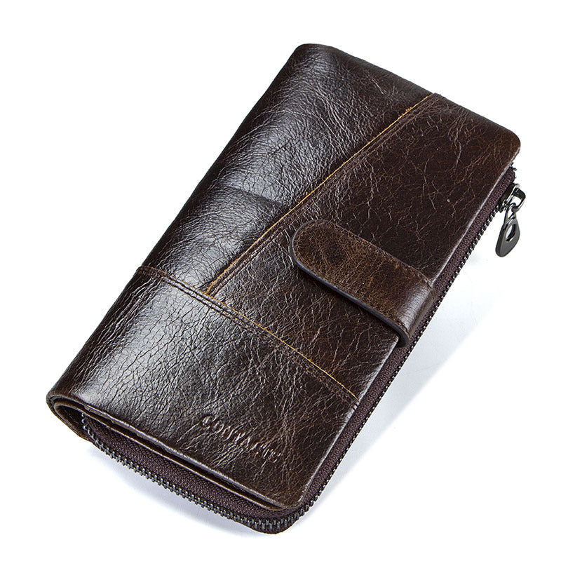 Men’s Top-Grain Cowhide Leather Long Clutch Wallet with Clasp Closure