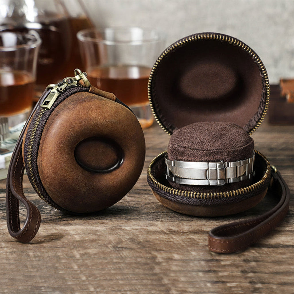 Vintage Leather Round Donut Watch Case for Single Watch Storage