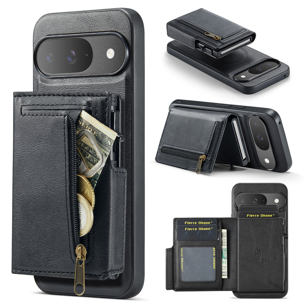 PU Leather Magnetic Pop-Up Card Wallet with Zipper Coin Pocket for Google Pixel