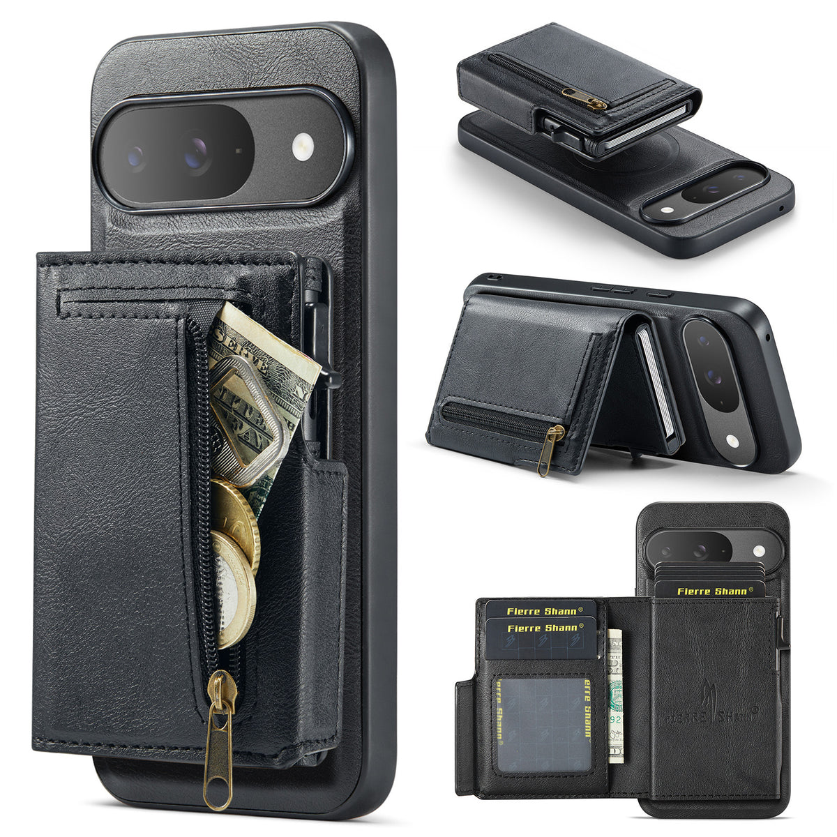 PU Leather Magnetic Pop-Up Card Wallet with Zipper Coin Pocket for Google Pixel