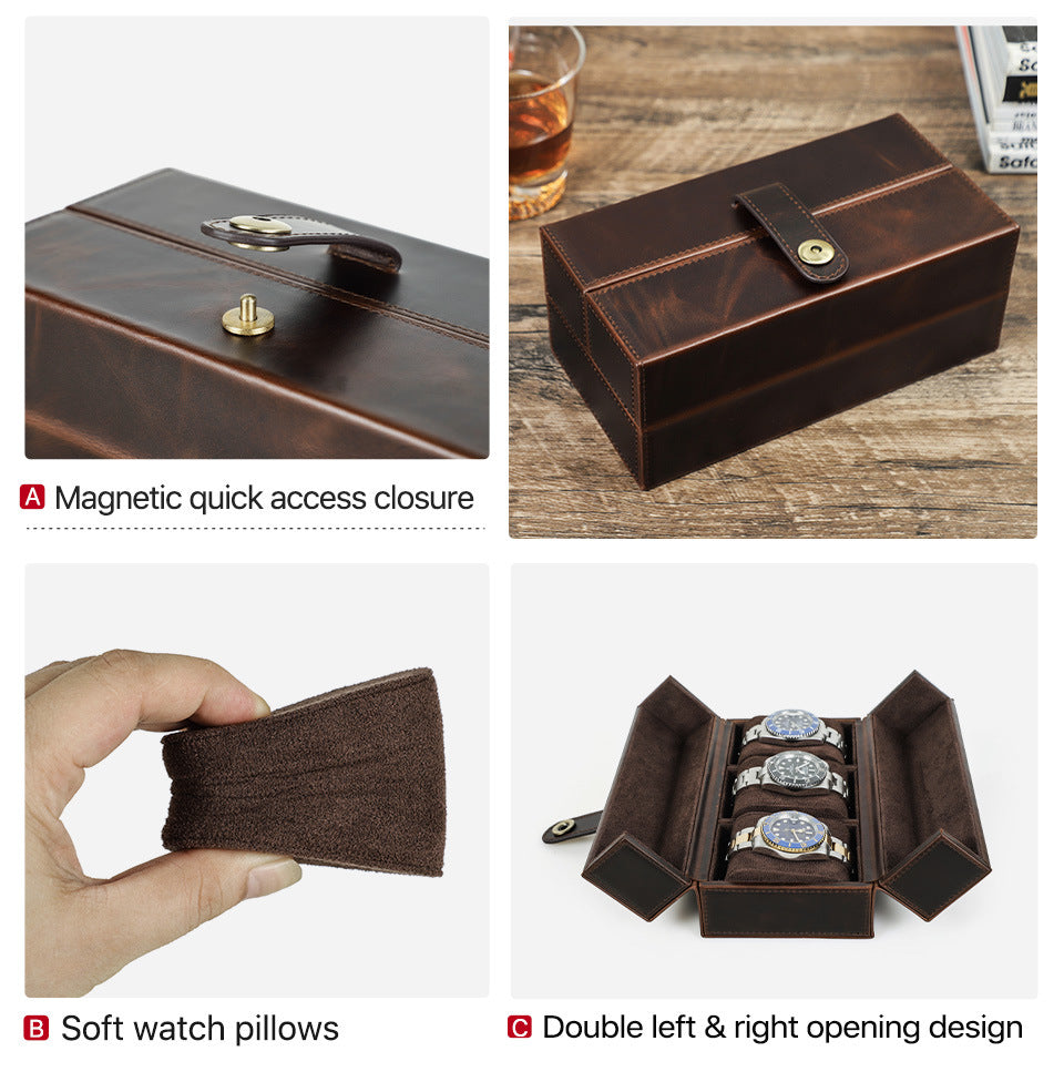 Vintage Crazy Horse Leather Travel Watch Square Case with Magnetic Clasp for Three Watches