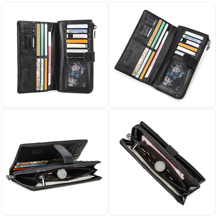 Men’s Top-Grain Cowhide Leather Long Clutch Wallet with Clasp Closure