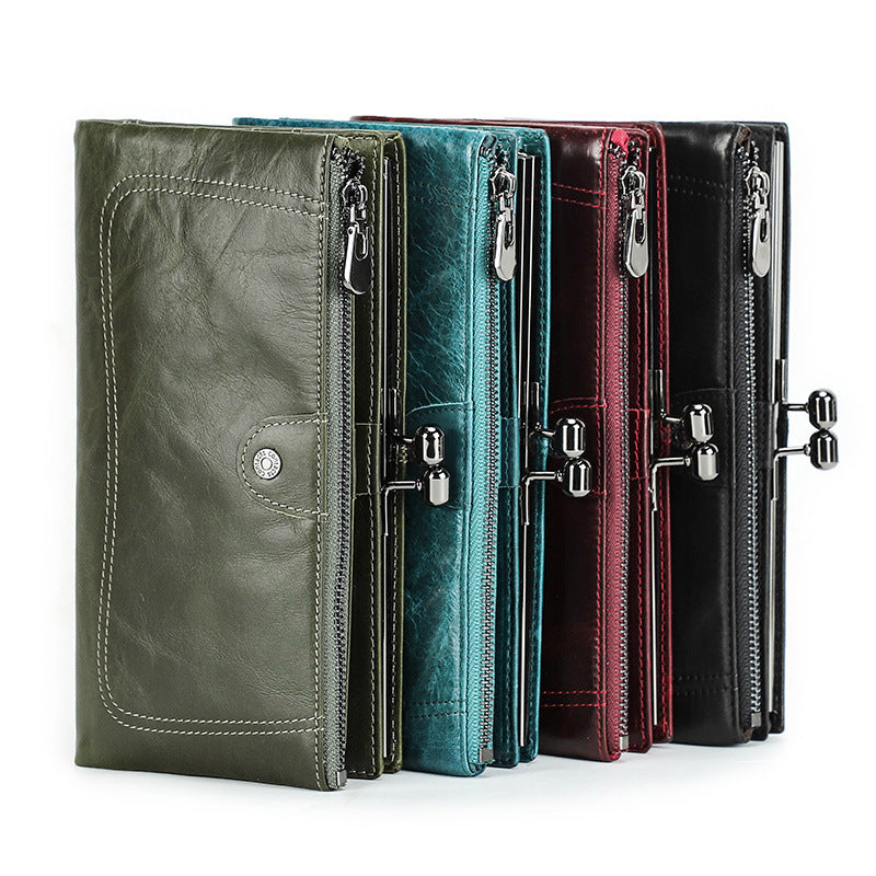 Top-Grain Cowhide Leather RFID-Blocking Long Wallet for Women with Metal Clasp