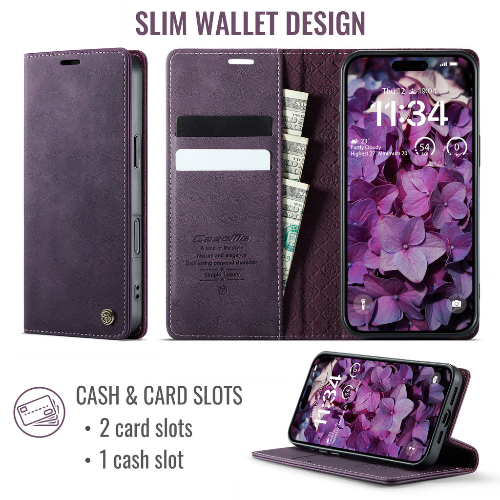 PU Leather Flip Wallet Case with Card Holder for iPhone 12–17 Series