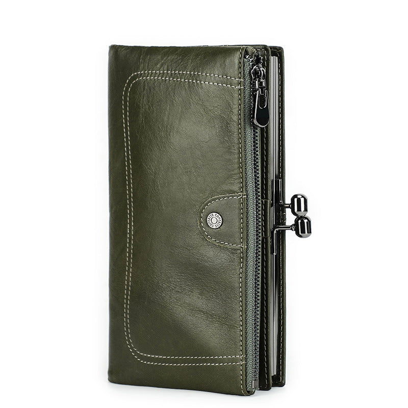 Top-Grain Cowhide Leather RFID-Blocking Long Wallet for Women with Metal Clasp