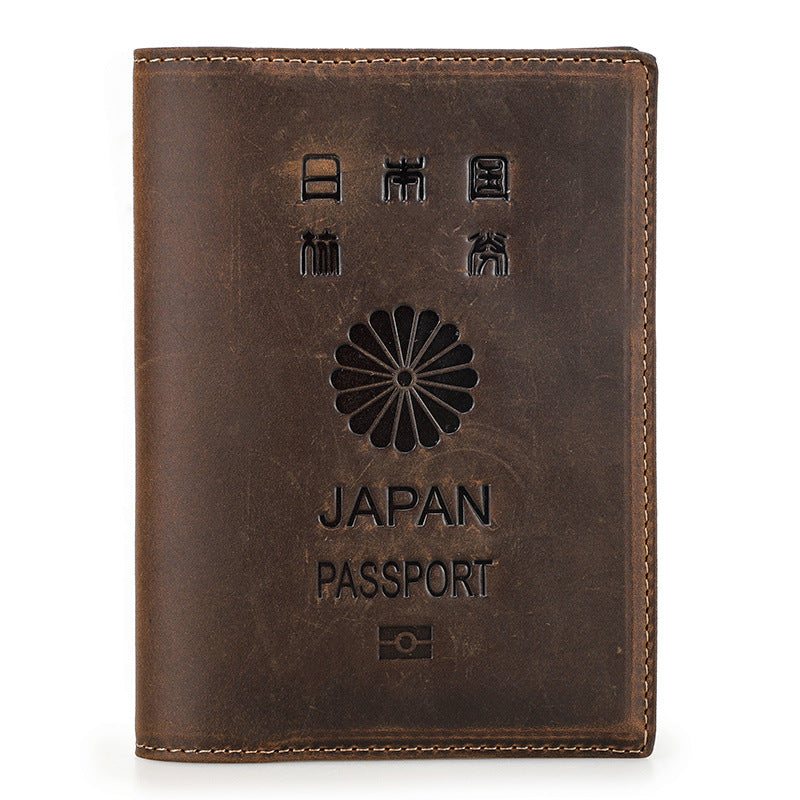 Black Vintage Crazy Horse Leather RFID-Blocking Family Passport Wallet with AirTag Pocket