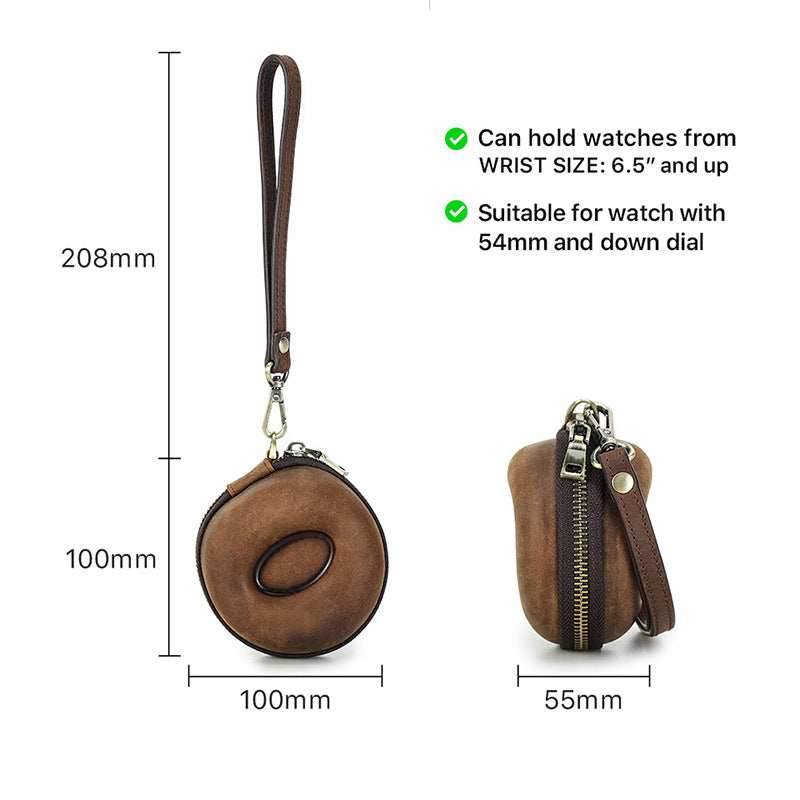 Vintage Leather Round Donut Watch Case for Single Watch Storage