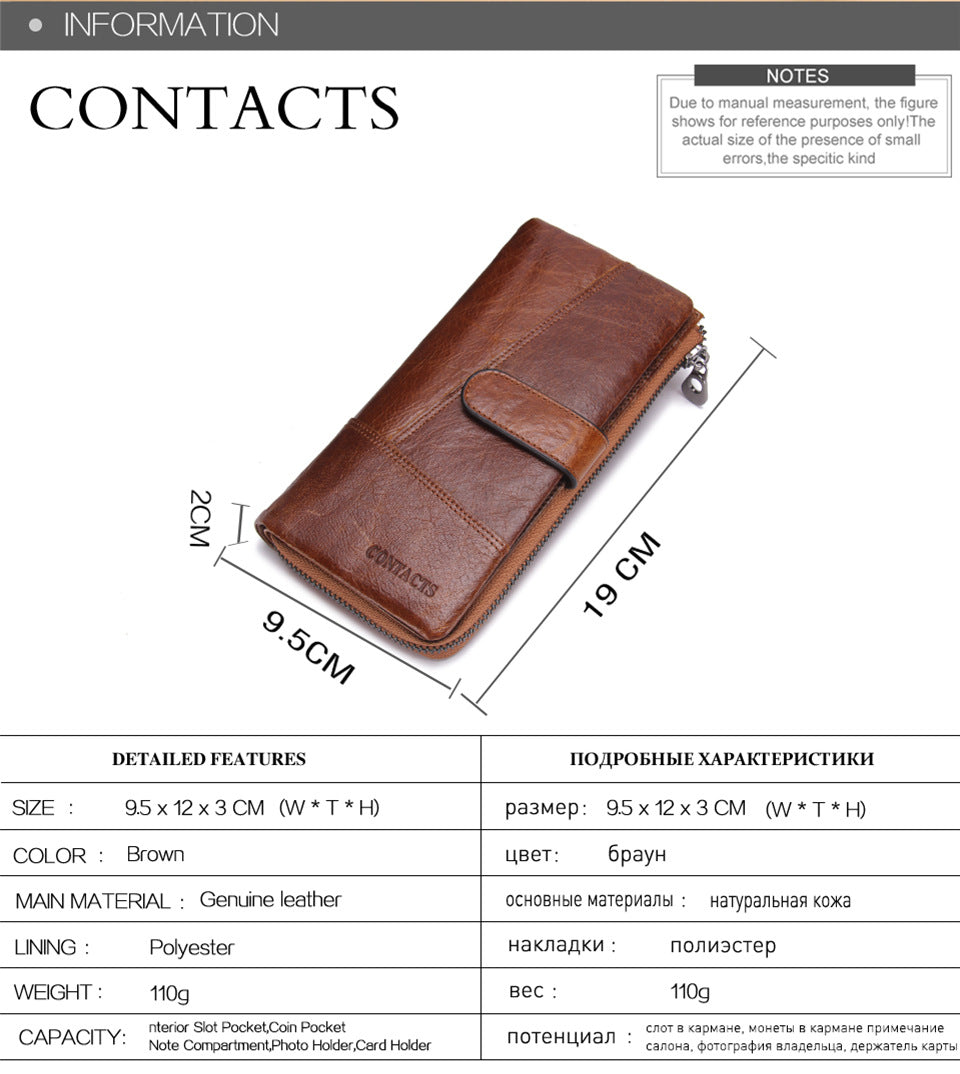 Men’s Top-Grain Cowhide Leather Long Clutch Wallet with Clasp Closure