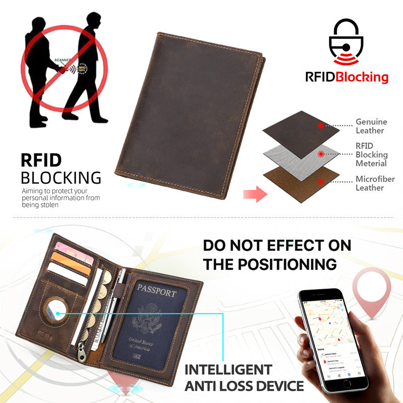 Black Vintage Crazy Horse Leather RFID-Blocking Family Passport Wallet with AirTag Pocket