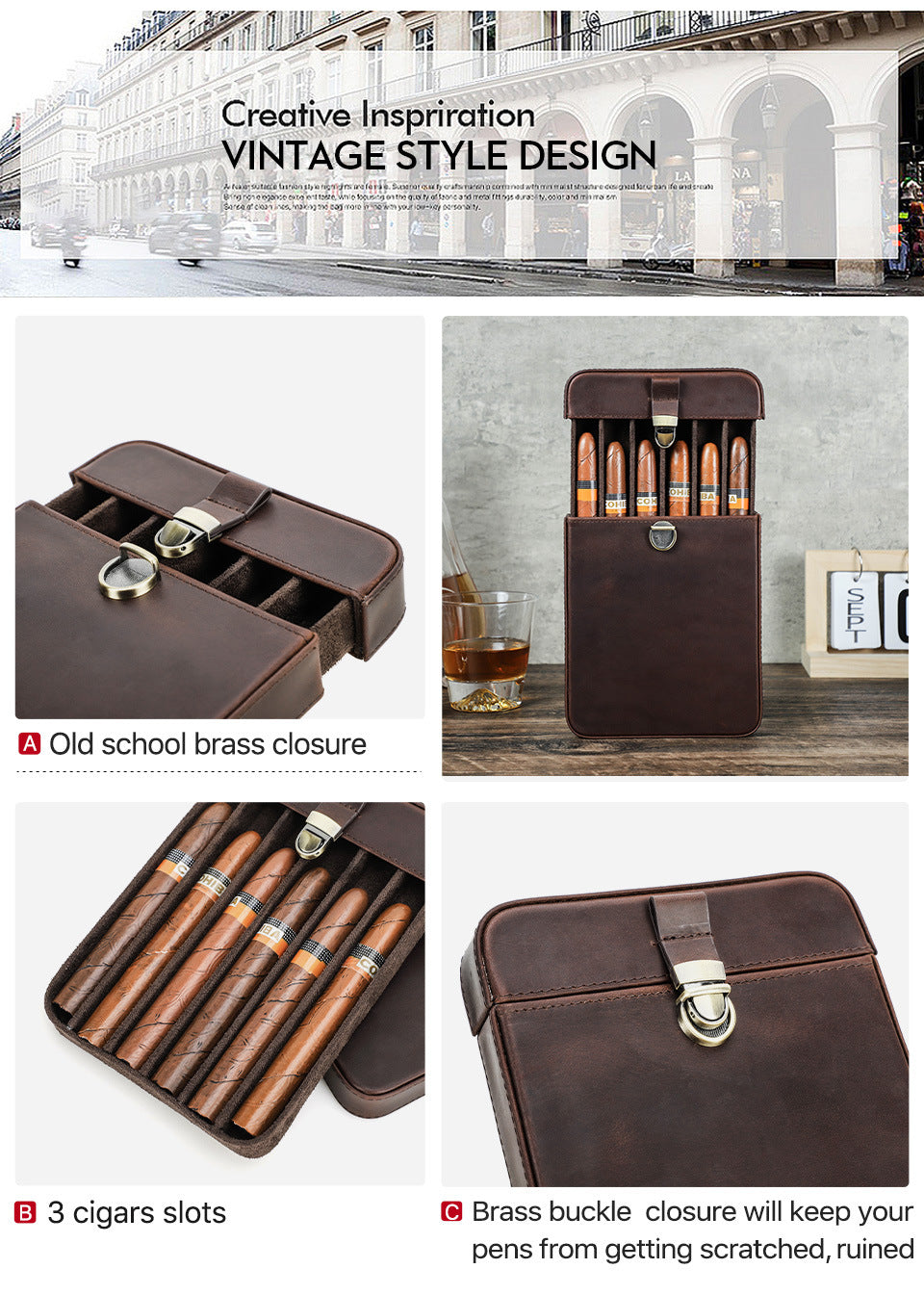 Handmade Crazy Horse Cowhide Drawer-Style Cigar Humidor with Lock – Holds 6 Cigars