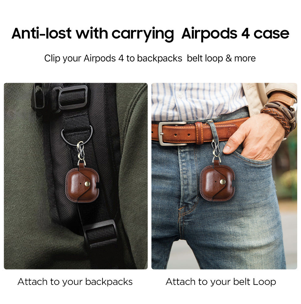 Full-Cover Cowhide Leather Case with Snap Closure for AirPods 4