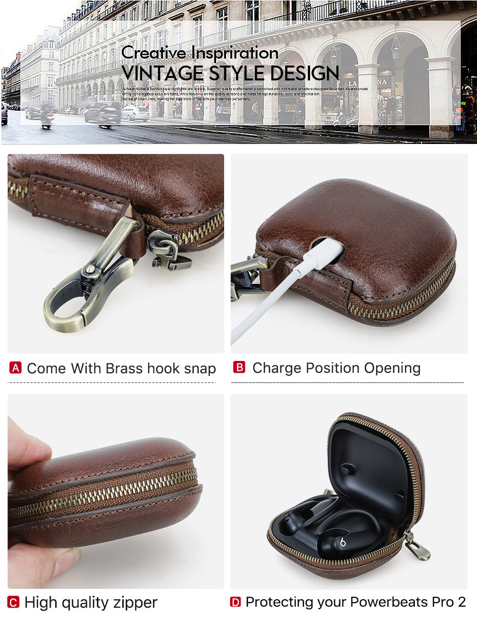 Protective Leather Case with Clip for Powerbeats Pro 2
